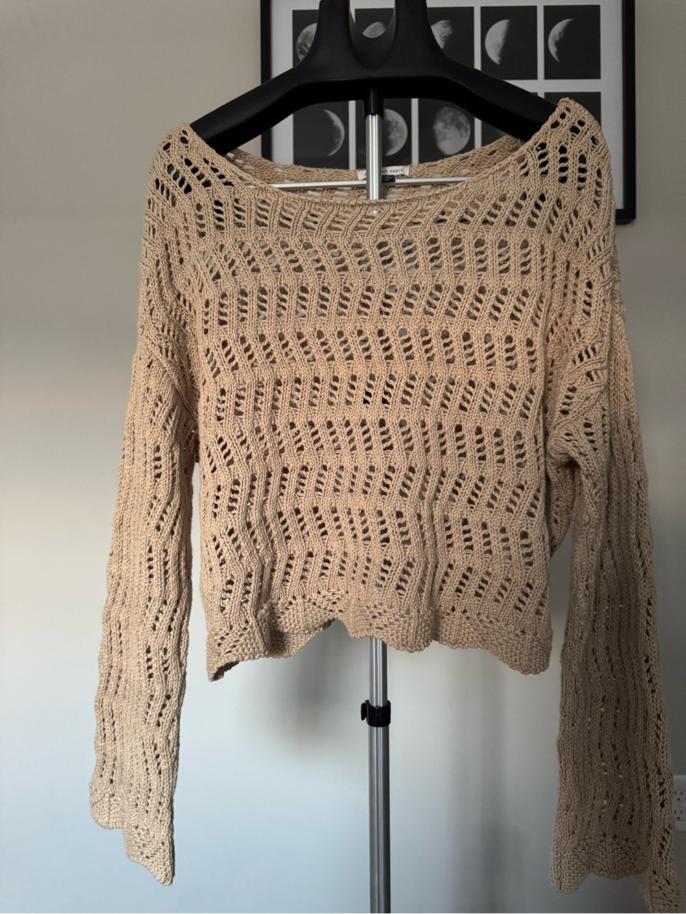 American Eagle Outfitters Beige Open-Knit Crochet Sweater M